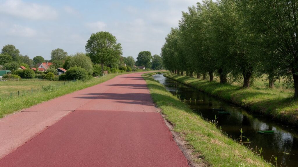 Rood asfalt fietspad dat plaatselijk is hersteld