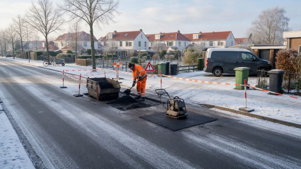 Buitendienst repareert een kuil in de weg in de winter met reparatieasfalt